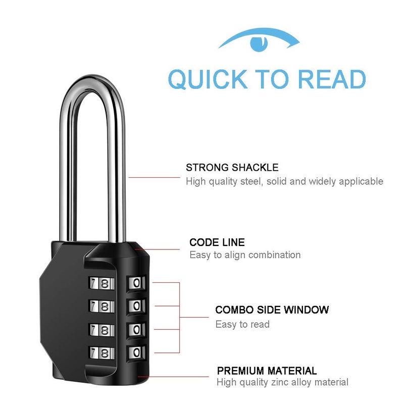 Disecu 2 Pack disecu 2.2 Inch Long Shackle Combination Lock, 4 Digit Outdoor Waterproof Padlock for School Locker, Gym Locker, Storage Unit, Gate, Fence, Toolbox, Cabinet (Black) - Image 2